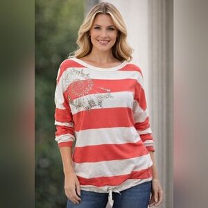 Christine Alexander Striped Melon & White Embellished Drawstring top sz L #1007